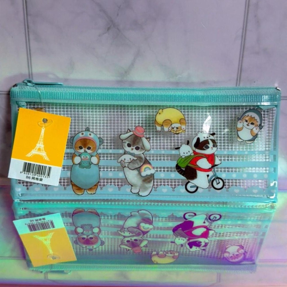 NWT mofusand x Sanrio Characters Mint Green Mesh Zipper Pouch B6 Pencil Case